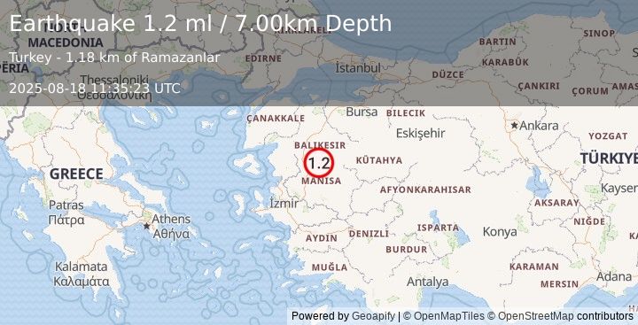 Earthquake WESTERN TURKEY (1.2 ml) (2025-08-18 11:35:23 UTC)
