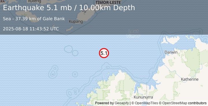 Earthquake SOUTH OF TIMOR (4.8 mb) (2025-08-18 11:43:52 UTC)