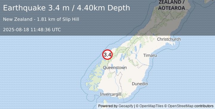 Earthquake SOUTH ISLAND OF NEW ZEALAND (3.4 m) (2025-08-18 11:48:36 UTC)