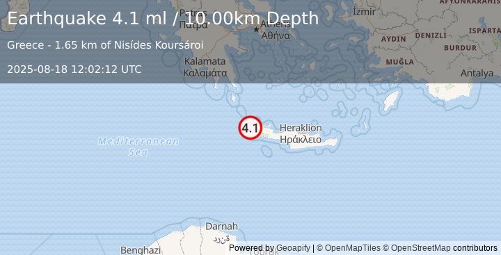 Earthquake CRETE, GREECE (3.7 ml) (2025-08-18 12:02:10 UTC)