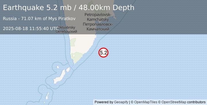 Earthquake OFF EAST COAST OF KAMCHATKA (4.9 mb) (2025-08-18 11:55:36 UTC)