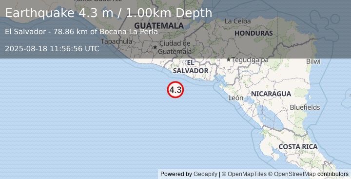 Earthquake OFFSHORE EL SALVADOR (4.3 m) (2025-08-18 11:56:56 UTC)