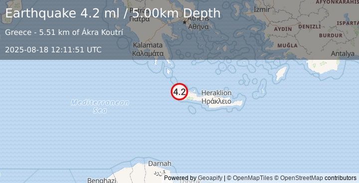 Earthquake CRETE, GREECE (4.2 ml) (2025-08-18 12:11:51 UTC)