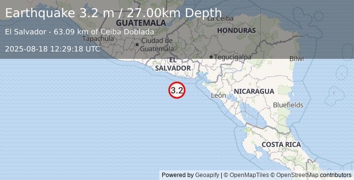 Earthquake OFFSHORE EL SALVADOR (3.2 m) (2025-08-18 12:29:18 UTC)