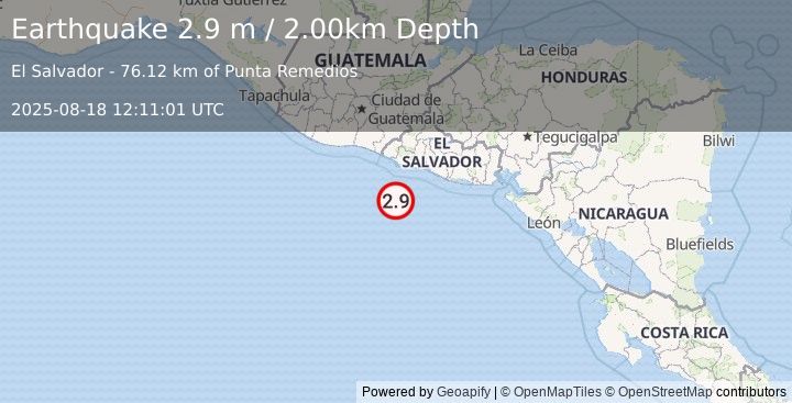 Earthquake OFFSHORE EL SALVADOR (2.9 m) (2025-08-18 12:11:01 UTC)