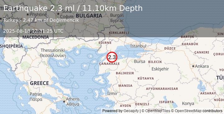 Earthquake WESTERN TURKEY (2.3 ml) (2025-08-18 12:31:25 UTC)