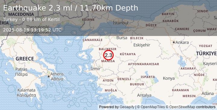Earthquake WESTERN TURKEY (2.3 ml) (2025-08-18 13:19:52 UTC)