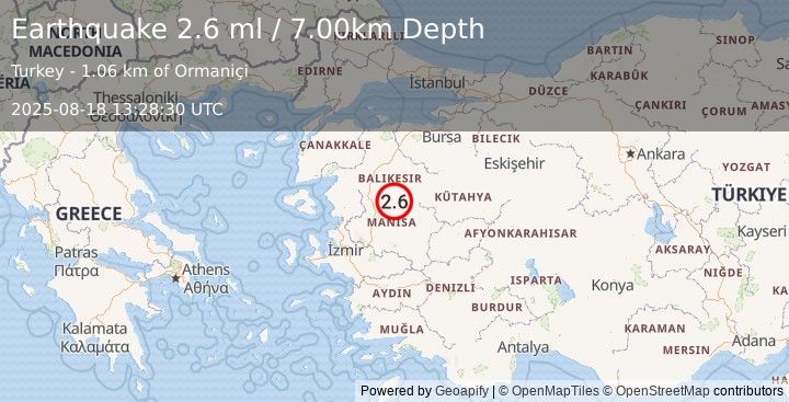 Earthquake WESTERN TURKEY (2.6 ml) (2025-08-18 13:28:30 UTC)