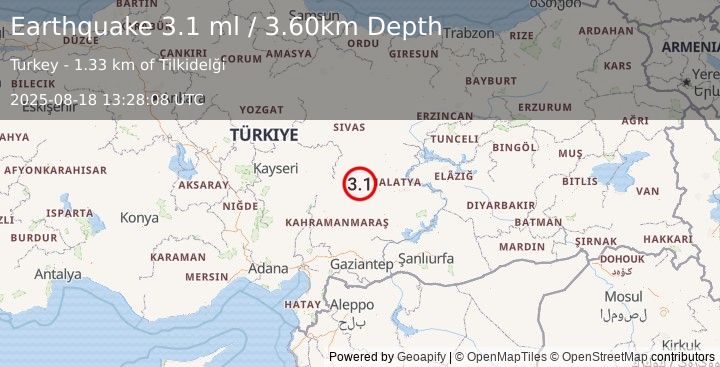 Earthquake CENTRAL TURKEY (3.1 ml) (2025-08-18 13:28:08 UTC)