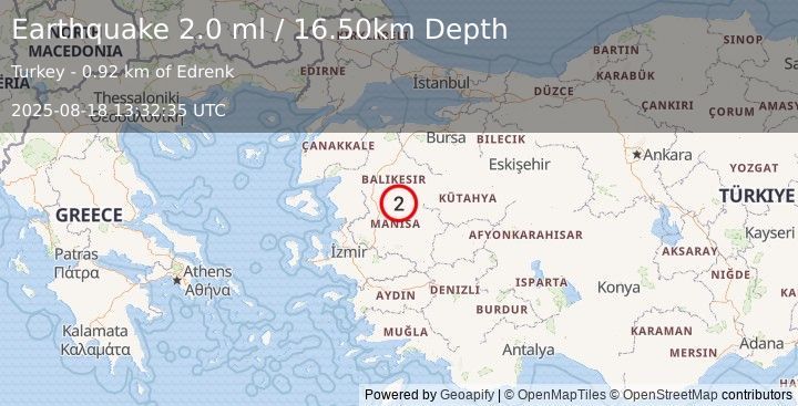 Earthquake WESTERN TURKEY (2.0 ml) (2025-08-18 13:32:35 UTC)
