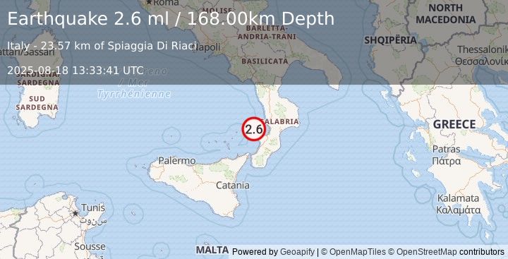Earthquake SICILY, ITALY (2.6 ml) (2025-08-18 13:33:41 UTC)