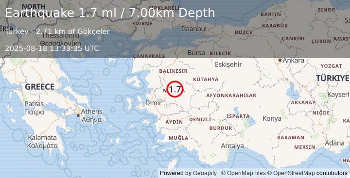 Earthquake WESTERN TURKEY (1.7 ml) (2025-08-18 13:33:35 UTC)