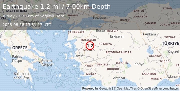 Earthquake WESTERN TURKEY (1.2 ml) (2025-08-18 13:51:17 UTC)