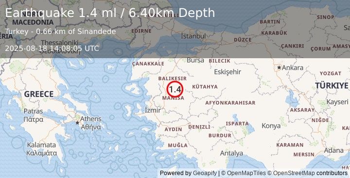Earthquake WESTERN TURKEY (1.4 ml) (2025-08-18 14:08:05 UTC)