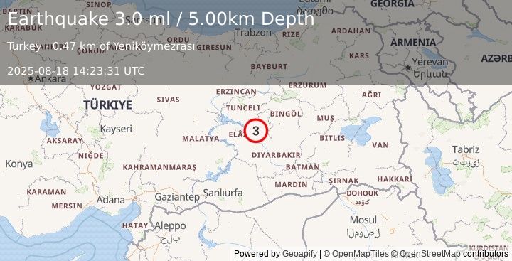 Earthquake EASTERN TURKEY (3.0 ml) (2025-08-18 14:23:32 UTC)
