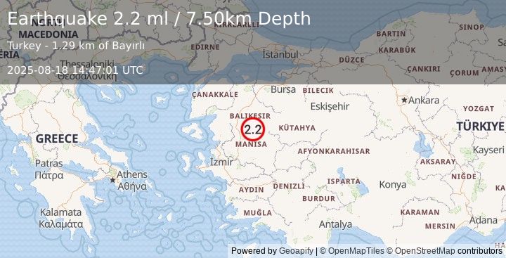 Earthquake WESTERN TURKEY (2.2 ml) (2025-08-18 14:47:01 UTC)