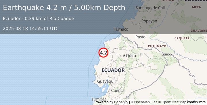 Earthquake NEAR COAST OF ECUADOR (4.2 m) (2025-08-18 14:55:11 UTC)