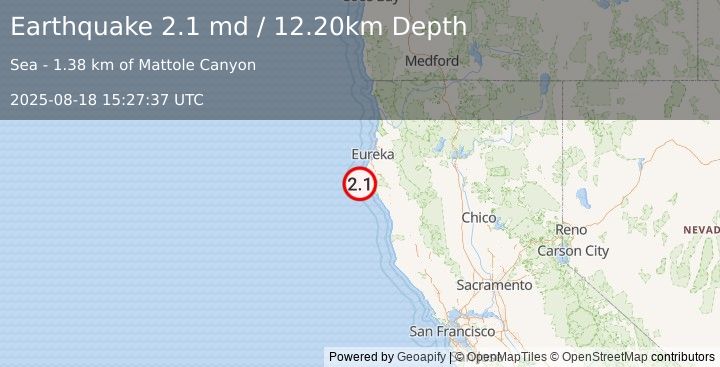 Earthquake OFFSHORE NORTHERN CALIFORNIA (2.1 md) (2025-08-18 15:27:37 UTC)