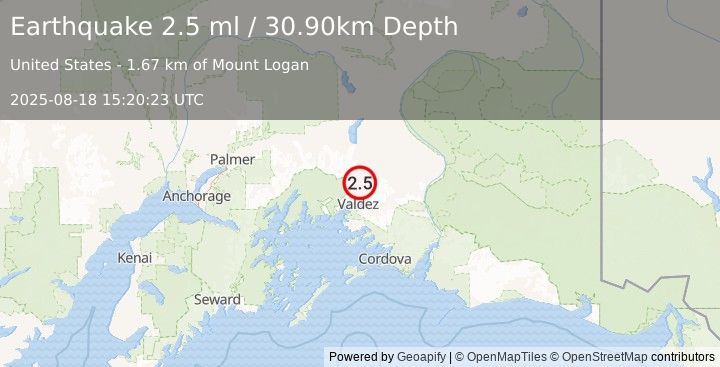 Earthquake SOUTHERN ALASKA (2.5 ml) (2025-08-18 15:20:23 UTC)