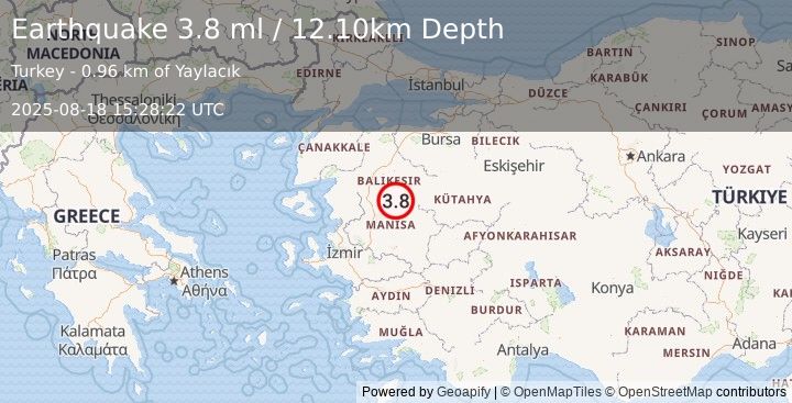 Earthquake WESTERN TURKEY (3.8 ml) (2025-08-18 15:28:22 UTC)
