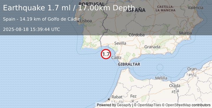 Earthquake STRAIT OF GIBRALTAR (1.7 ml) (2025-08-18 15:39:44 UTC)
