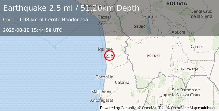 Earthquake TARAPACA, CHILE (2.5 ml) (2025-08-18 15:44:58 UTC)
