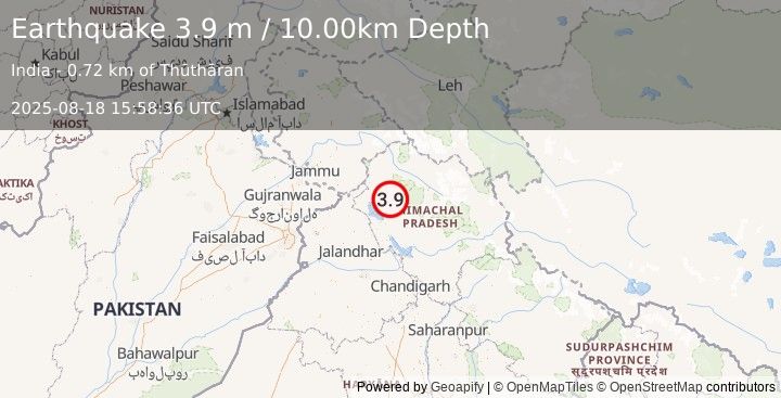 Earthquake HIMACHAL PRADESH, INDIA (3.9 m) (2025-08-18 15:58:36 UTC)