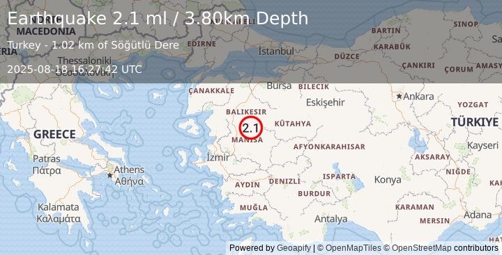 Earthquake WESTERN TURKEY (2.1 ml) (2025-08-18 16:27:42 UTC)