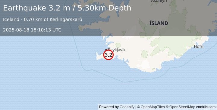 Earthquake ICELAND REGION (3.2 m) (2025-08-18 18:10:13 UTC)