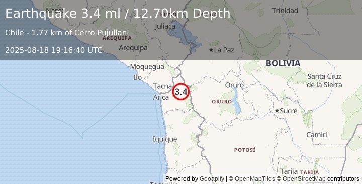 Earthquake TARAPACA, CHILE (3.4 ml) (2025-08-18 19:16:40 UTC)