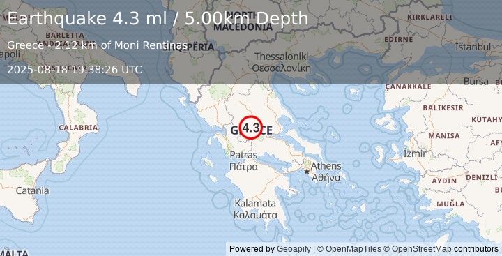 Earthquake GREECE (4.3 ml) (2025-08-18 19:38:26 UTC)