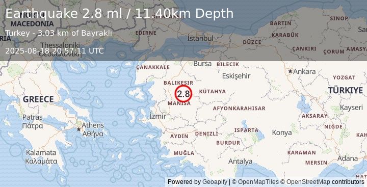 Earthquake WESTERN TURKEY (2.8 ml) (2025-08-18 20:57:12 UTC)