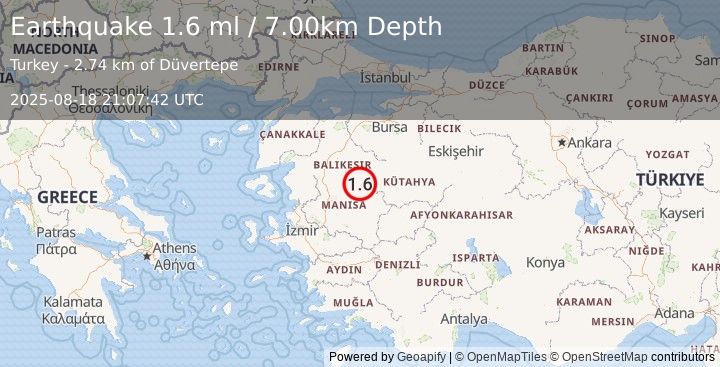 Earthquake WESTERN TURKEY (1.6 ml) (2025-08-18 21:07:42 UTC)
