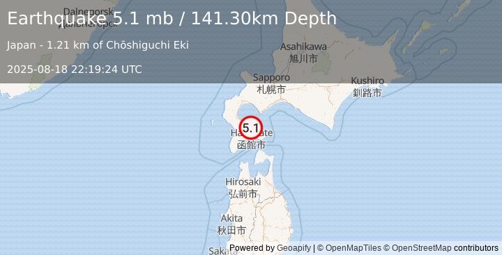 Earthquake HOKKAIDO, JAPAN REGION (5.7 mb) (2025-08-18 22:19:23 UTC)