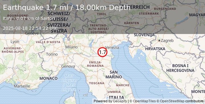 Earthquake NORTHERN ITALY (1.7 ml) (2025-08-18 22:54:22 UTC)