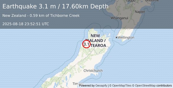 Earthquake SOUTH ISLAND OF NEW ZEALAND (3.1 m) (2025-08-18 23:52:51 UTC)