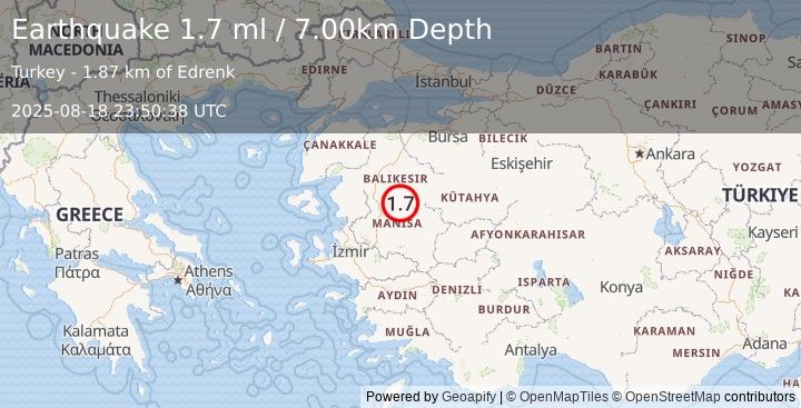Earthquake WESTERN TURKEY (1.7 ml) (2025-08-18 23:50:38 UTC)