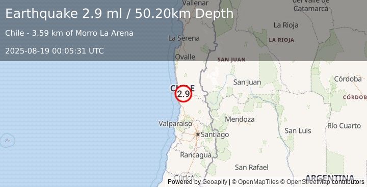 Earthquake COQUIMBO, CHILE (2.9 ml) (2025-08-19 00:05:31 UTC)