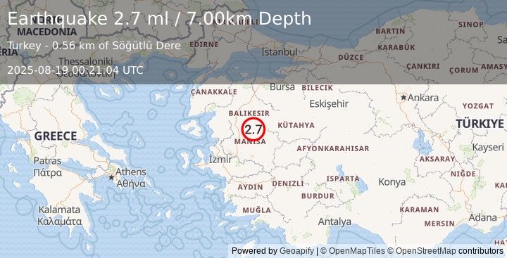 Earthquake WESTERN TURKEY (2.7 ml) (2025-08-19 00:21:04 UTC)