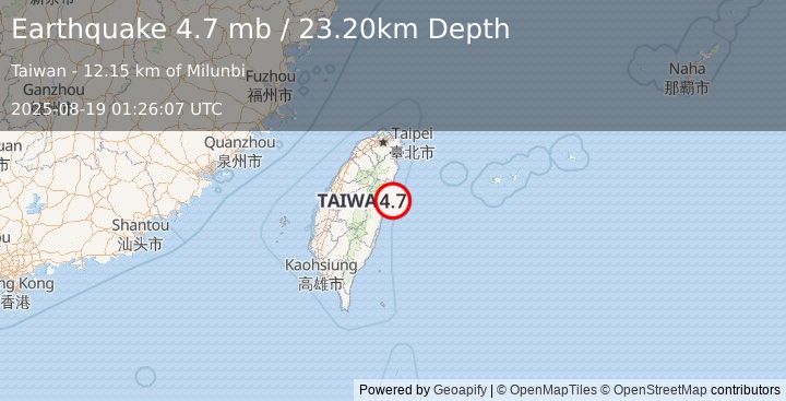 Earthquake TAIWAN (4.7 mb) (2025-08-19 01:26:07 UTC)