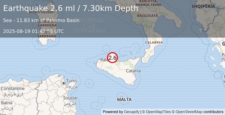Earthquake SICILY, ITALY (2.6 ml) (2025-08-19 01:42:55 UTC)