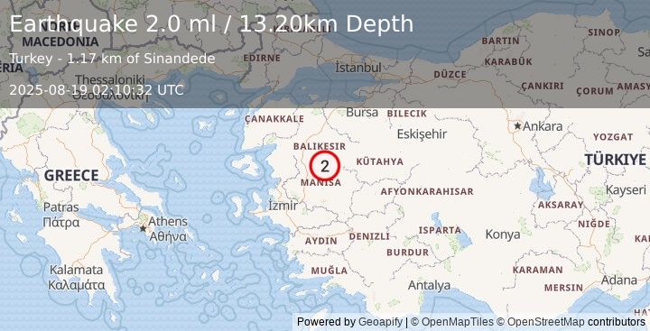 Earthquake WESTERN TURKEY (2.0 ml) (2025-08-19 02:10:32 UTC)