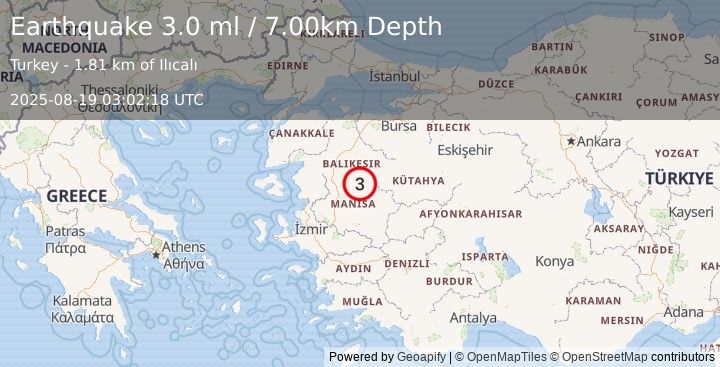 Earthquake WESTERN TURKEY (3.0 ml) (2025-08-19 03:02:18 UTC)