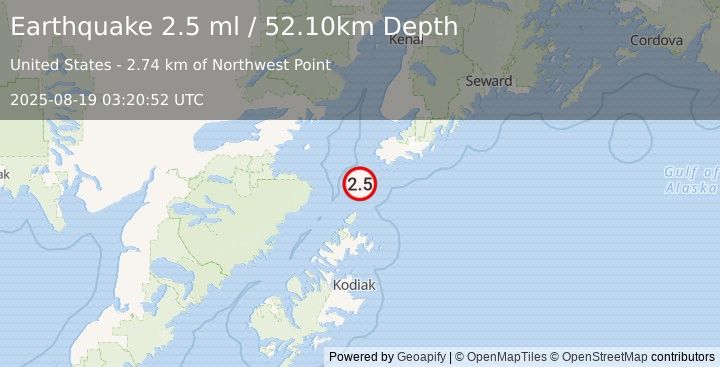 Earthquake KODIAK ISLAND REGION, ALASKA (2.5 ml) (2025-08-19 03:20:52 UTC)