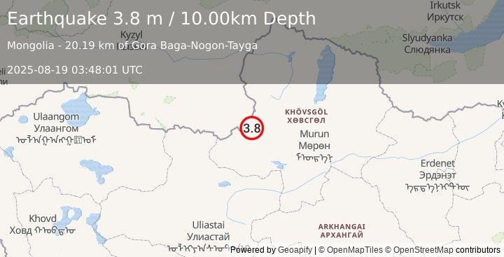 Earthquake CENTRAL MONGOLIA (3.8 m) (2025-08-19 03:48:01 UTC)