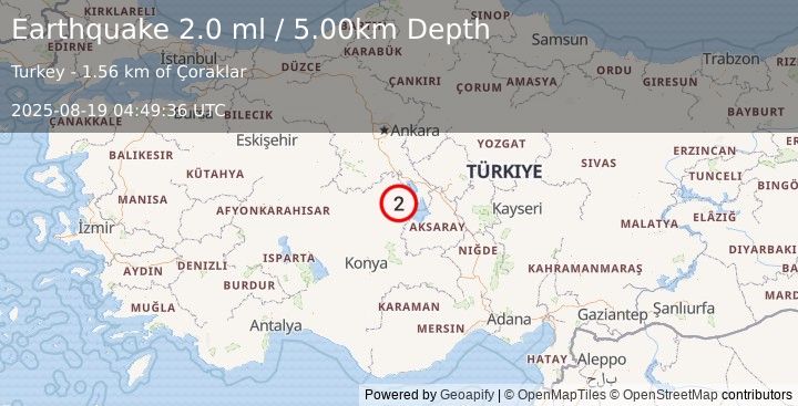 Earthquake CENTRAL TURKEY (1.9 ml) (2025-08-19 04:49:37 UTC)