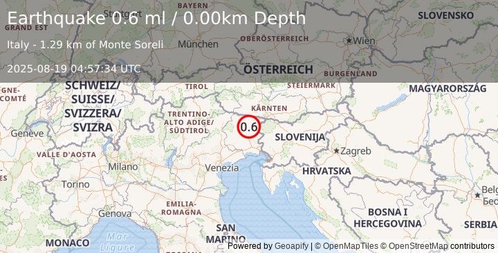 Earthquake NORTHERN ITALY (0.6 ml) (2025-08-19 04:57:34 UTC)