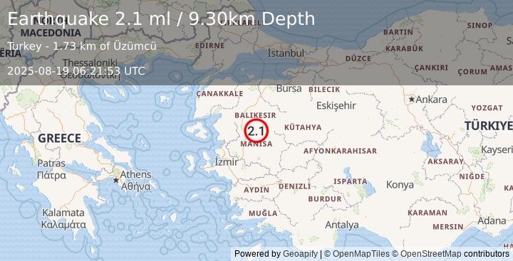 Earthquake WESTERN TURKEY (2.1 ml) (2025-08-19 06:21:53 UTC)