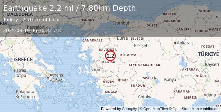 Earthquake WESTERN TURKEY (2.2 ml) (2025-08-19 06:30:32 UTC)