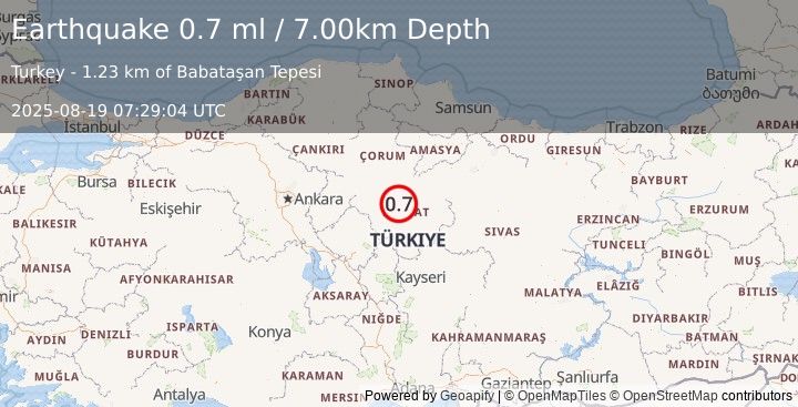 Earthquake CENTRAL TURKEY (0.7 ml) (2025-08-19 07:29:04 UTC)